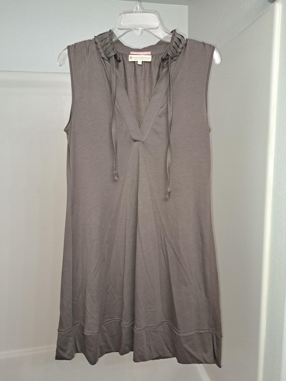 Indigenous Taupe Sleeveless V-Neck Dress with Tie Neck